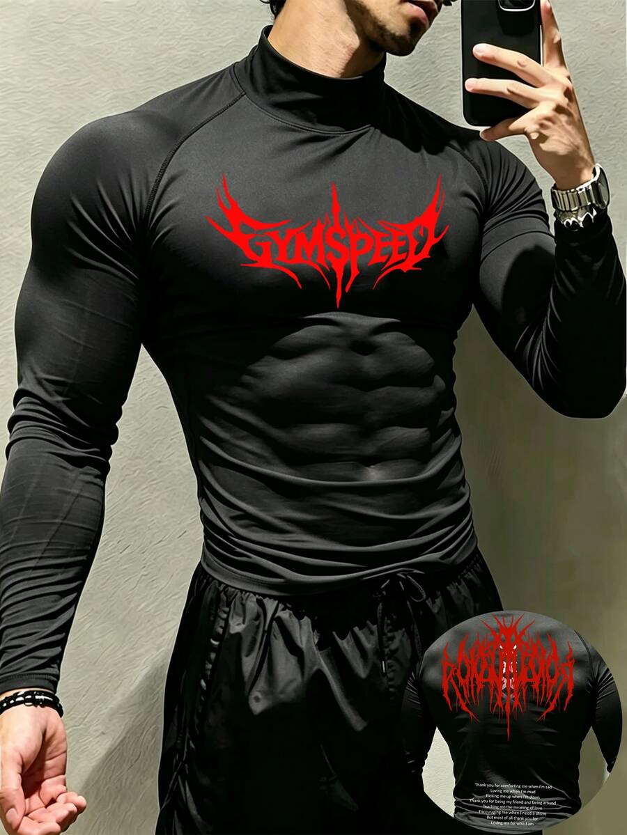 GymBeat Men's Letter Print Raglan Long Sleeve Sports T-Shirt - Black - View 1