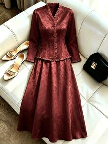 Modelyn Plus Size Women's Jacquard Frill Trim Single-Breasted Shirt And Skirt Elegant 2 Pieces Set - Brown - View 5
