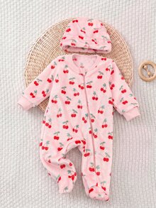 SHEIN Newborn Baby Girl Colorful Floral Pattern Round Neck Long Sleeve Thermal Lined Thick Autumn Winter Romper - Pink - View 8