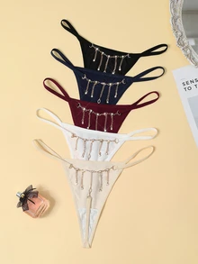 SHEIN Women's Metal Chain Decor T-Back Panties 5pcs Set - Multicolor - View 1