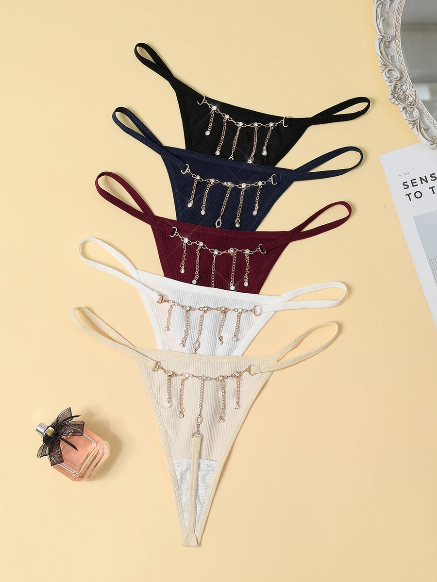SHEIN Women's Metal Chain Decor T-Back Panties 5pcs Set - Multicolor - View 1