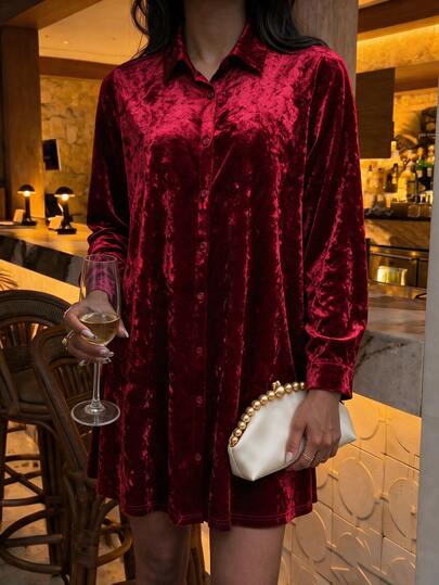 Louniche Vestido mini de mujer estilo europeo y americano de otoño/invierno en terciopelo burdeos con botones delanteros, vestido casual de manga larga y corte holgado con cuello para uso diario, desplazamientos y vacaciones
