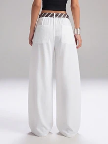SHEIN EZwear 白色大尺碼女款寬腿寬鬆休閒西裝長褲 - 白色 - 查看 2