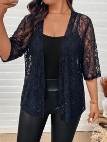 SHEIN LUNE 大尺碼女款對比蕾絲短袖開襟優雅外套 - 藏蓝色 - 查看 6