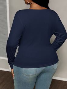Slaydiva Plus Size Casual All-Match White Slim Fit With Deep U-Neck Long Sleeve T Shirt-C - Navy Blue - View 2