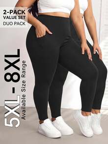 SHEIN CURVE+ 大尺碼側口袋運動瑜伽彈性修身緊身褲 - 黑色 - 查看 1