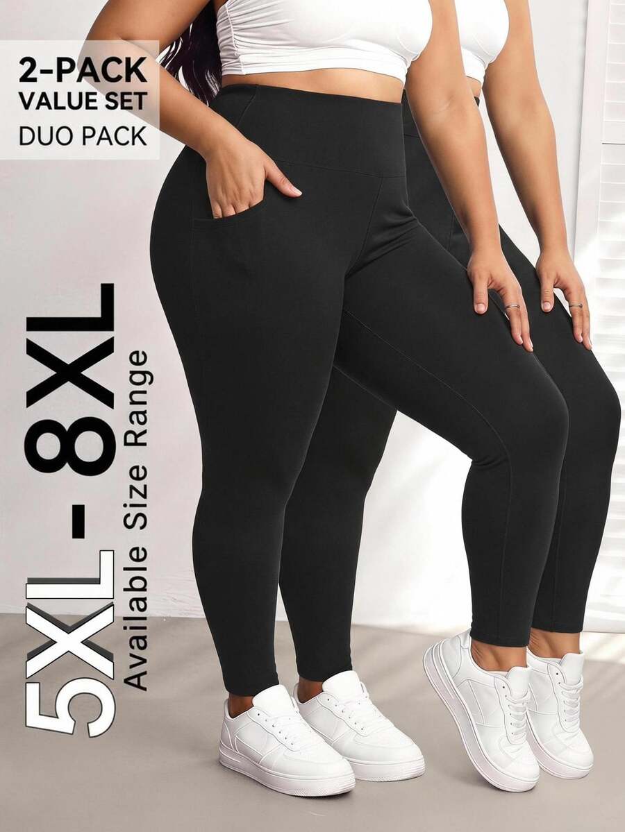 SHEIN CURVE+ 大尺碼側口袋運動瑜伽彈性修身緊身褲 - 黑色 - 查看 1