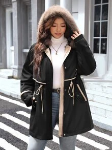 Comfylo Plus Size Women's Long Sleeve Zip-Up Hooded Jacket With Drawstring Waist - Black - View 6