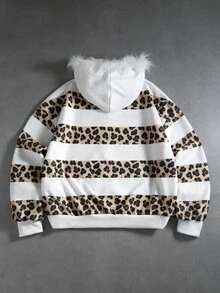 ROMWE MEN Men's Plush Collar Leopard Print Striped Loose Sweatshirt - White - View 2