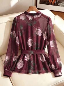 SHEIN Clasi 女款時尚復古花卉印花百褶長袖襯衫 - 酒紅色 - 查看 2