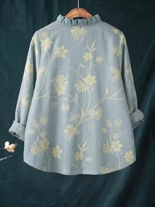 Linhara CURVE Plus Size Autumn/Winter Casual Green Frill Trim V-Neck Long Sleeve Printed Blouse - Green - View 2