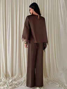 Aloruh Women's Solid Color Contrast Lace Cuff Asymmetric Hem Blouse And Pants Elegant 2 Pieces Set - Mocha Brown - View 2