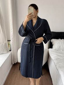 Napfluff CURVE Napfluff CURVE Minimalist Tie Waist Plaid Plus Size Loungewear Robe - Multicolor - View 6