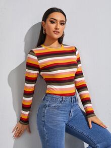 SHEIN Essnce 彩虹條紋針織女款上衣 - 彩色 - 查看 3