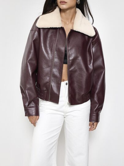 Maija Veste en PU à col en fourrure avec fermeture éclair avant et manches longues pour femmes, tenues de sortie et de bureau, tenues de travail pour femmes, vêtements d'automne