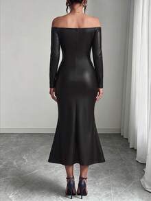 SHEIN Elenzya Gaun Elegan Wanita Warna Polos Lengan Panjang Tanpa Bahu dengan Potongan Model Duyung - Hitam - View 2