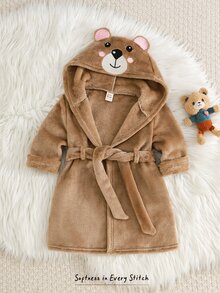 Cozy Pixies Baby Girl Baby Girl Casual Daily Comfortable Embroidered Hooded Open Front Plush Loungewear Robe - Khaki - View 8