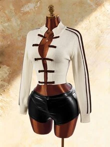 Amplova New Chinese Style Frog Button Knit Sweatshirt, Avant-Garde Sexy, Suitable For Autumn/Winter Outfits, Waist-Cinching Cropped Slim Fit, Contrast Color Placket, Suitable For Party And New Year Outfits - Apricot - View 3