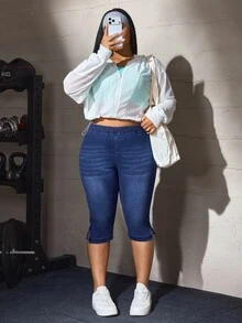Flexra Plus Size Women's Elastic Waist Casual Versatile Daily Wear Denim Jeans - Blue - View 7
