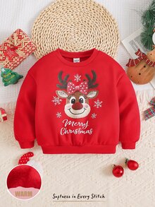 SHEIN Baby GirlCasual Comfortable Cute Cartoon Deer Pattern Crew Neck Sweatshirt - Red - View 2