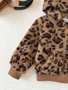 SHEIN Baby Girl Leopard Print Long Sleeve Zip-Up Fleece Hooded Jacket - Brown - View 4