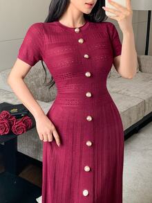 Modelyn Women's Solid Color Round Neck Short Sleeve Button Design Elegant Knit Dress - Burgundy - View 5