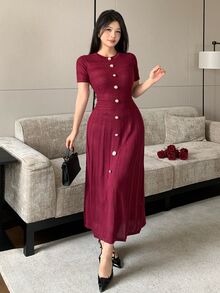 Modelyn Women's Solid Color Round Neck Short Sleeve Button Design Elegant Knit Dress - Burgundy - View 7