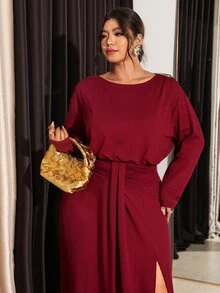 Firerie Purple-Red Autumn/Winter Waist-Cinching Flared High-Slit Long Sleeve Elegant Dress/Shoulder Metal Buckle Fall/Winter Elegant Wedding Guest Dress Women - Red Violet - View 2