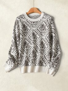 Rusticease Women's Floral Pattern Round Neck Long Sleeve Casual Sweater - Multicolor - View 3