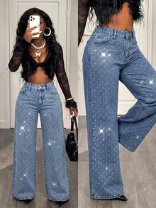 Attitoon Women's Casual Daily Denim Jeans With Pockets, Buttons And Rhinestones - Medium Wash - View 1