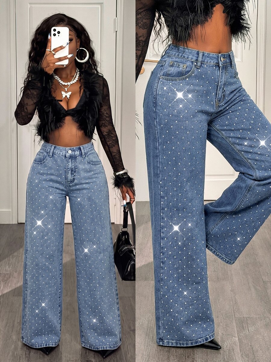 Attitoon Women's Casual Daily Denim Jeans With Pockets, Buttons And Rhinestones - Medium Wash - View 1