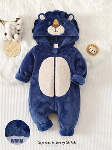 Cozy Pixies 男嬰卡通獅子圖案保暖內裡加厚連帽拉鍊長袖連身褲，百搭舒適 - 藏蓝色 - 查看 6