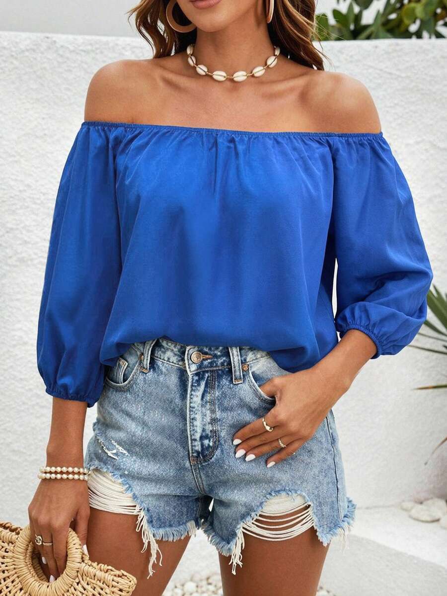 Bytebia Bytebia Women's Solid-Color Off-Shoulder Casual Tropical-Style Long-Sleeve Top – Perfect For Beach Vacations - Blue - View 1