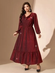 Comfylo Plus Size Elegant Party Glitter Cowl Neck Dress - Burgundy - View 3