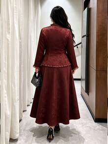 Modelyn Plus Size Women's Jacquard Frill Trim Single-Breasted Shirt And Skirt Elegant 2 Pieces Set - Brown - View 2