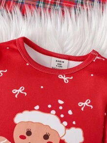 SHEIN 2件組女嬰休閒紅色聖誕薑餅人圖案舒適印花圓領套頭長袖睡衣套裝 針織修身居家服 - 紅色 - 查看 4