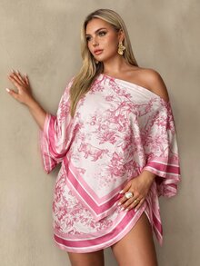 Auralis طقم نسائي أنيق من قطعتين مقاس كبير بطبعة زهور، بلوزة بكتف غير متماثل وحافة غير متماثلة مع تنورة، إطلالة مناسبات وحفلات وضيفة زفاف - وردي - مشاهدة 4