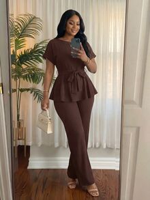SHEIN Lady CURVE 大尺碼女款圓領短袖上衣與長褲休閒兩件套 - 棕色 - 查看 5