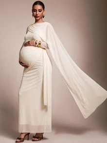 MaterniChic Maternity Elegant Dress With Metal Flower Decor, Ruched Waist And Flowing Ribbon Design - Apricot - View 7