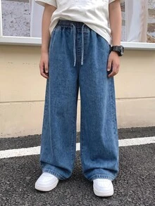 青少年男孩抽繩腰寬腿鬆垮休閒百搭牛仔褲 - 深色水洗藍 - 查看 3