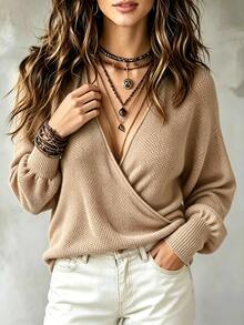 SHEIN Sweater Lengan Panjang Kasual Wanita Warna Polos Kerah V untuk Sehari-hari - Khaki - View 5