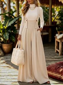 Holdful Holdful Women's Corduroy Button Design Wide Leg Overalls - Beige - View 8