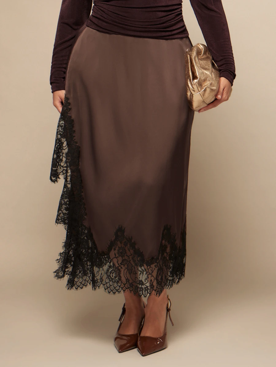 SHEIN BAE CURVE Plus Size Women's Brown Satin Lace Patchwork Skirt - Brown - View 1