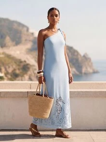 CAJUNI One-Shoulder Maxi Dress With Tie Detail And Laser-Cut Hem - Blue - View 5