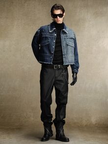 ROMWE MEN Street Life Men's Contrast Color Washed Short Denim Jacket, Distressed Frayed Hem With Rivet Decor, Turned-Up Collar, Y2K Punk Gothic Street Style Hip Hop Rock Loose Fit Short Denim Top, Suitable For Casual Daily Wear, Nightclub, Street Fashion - Blue - View 8