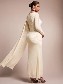 MaterniChic Maternity Elegant Dress With Metal Flower Decor, Ruched Waist And Flowing Ribbon Design - Apricot - View 2