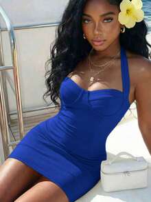 Slaydiva Women's Solid Color Shaping Fashion Halter Mini Dress - Royal Blue - View 5
