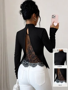 SHEIN Raffinéa Fashionable Commuter Minimalist Women's Shirt, Lace Patchwork Slim Fit Top, Suitable For Office And Back To School Wear, Autumn/Winter - Black - View 9