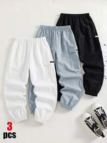 SHEIN 3件組買2送1兒童青少年男孩休閒寬鬆收口工裝褲，基礎下裝，黑色工裝褲、軍綠色工裝褲、卡其色工裝褲，適合秋冬、學校、家庭聚會，秋季穿搭，冬季穿搭 - 彩色 - 查看 1