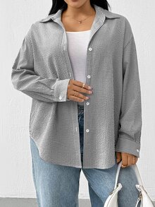 Shapeblank Plus Size Striped Casual Versatile Everyday Shirt - Black and White - View 4